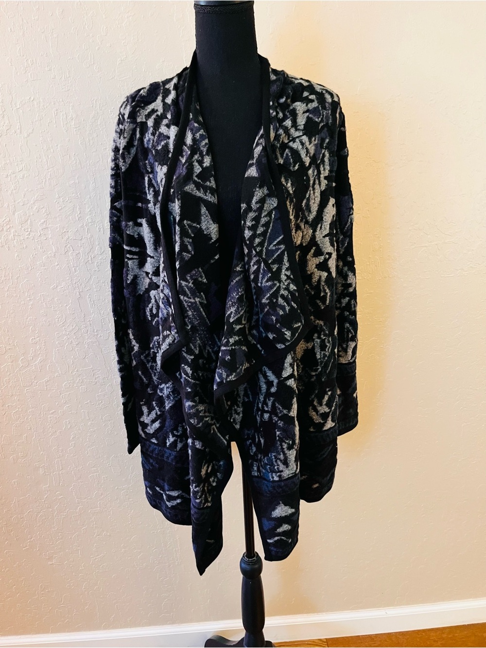 Lucky Brand Black and Gray Draped Open-Front Cardigan